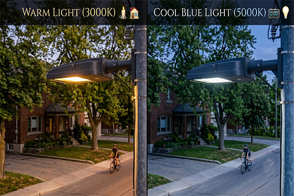 Side-by-side comparison of warm light (3000K) and cool blue light (5000K)